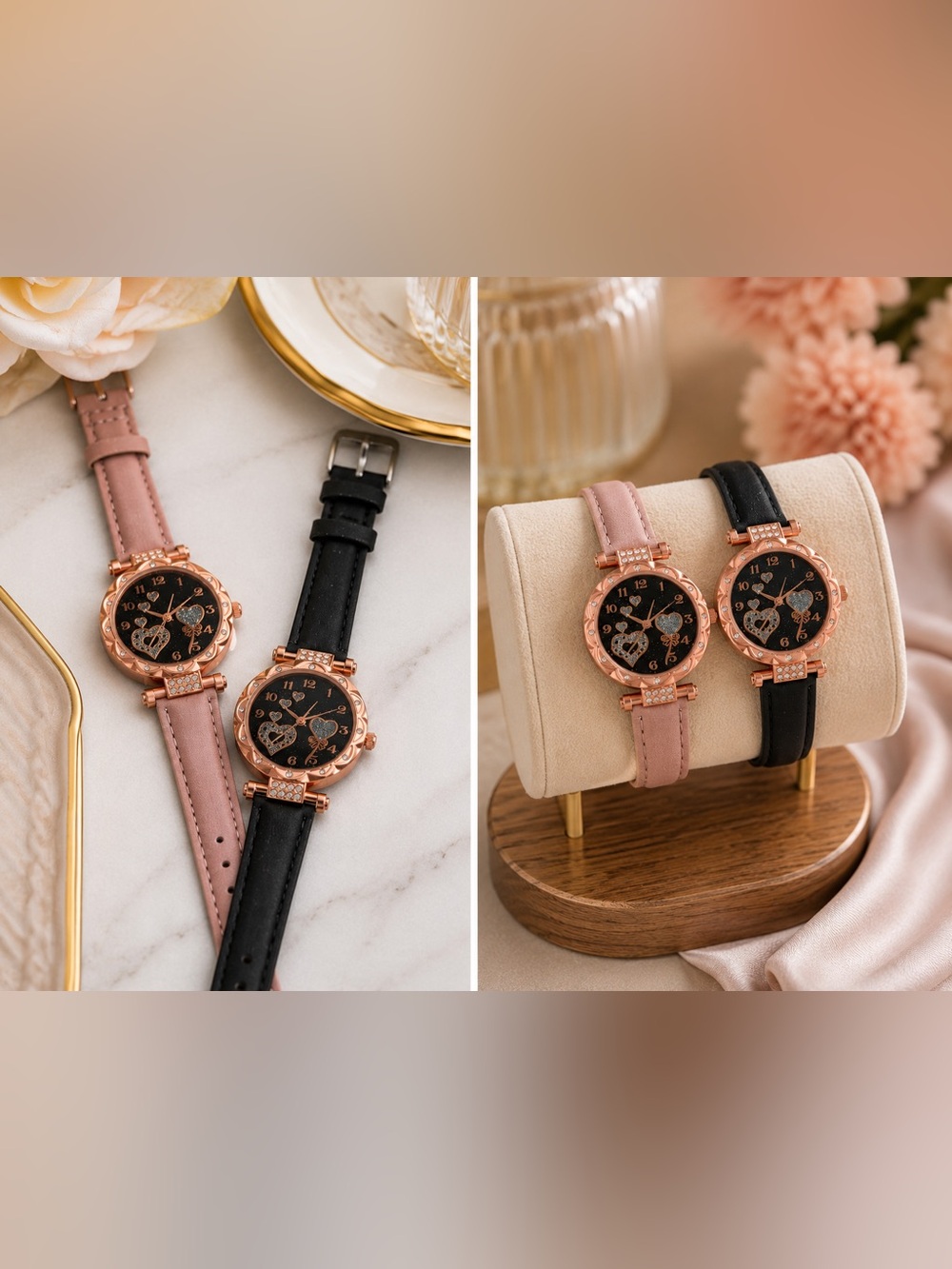 2 Elegant Watches | Pink & Black Leather Strap | Rose Gold Fashion Set